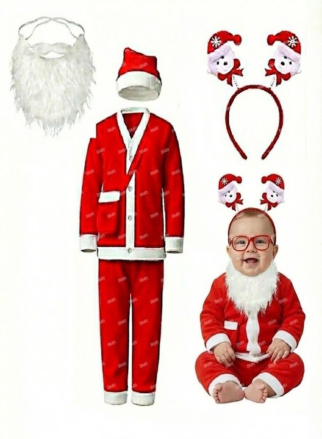 SKYWARE Santa Claus Dress For Kids 2-3 Years Boy Girl 6Pc Set with Headband,Beard,Shirt,Pant,Hat,Goodie Bag Warm Fleece Christmas Fancy Dress Costume School Function Xmas Gift Red Merry - Image 1